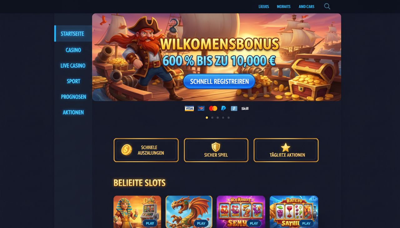 Startseite von Smashcasino mit Willkommensbanner, Menü und Spielauswahl