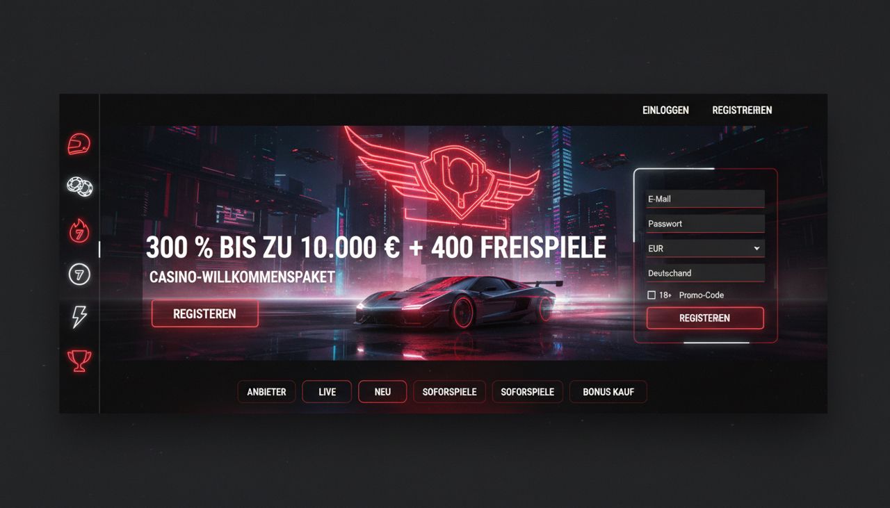 Startseite von Redracer mit Willkommensangebot und Registrierungsformular