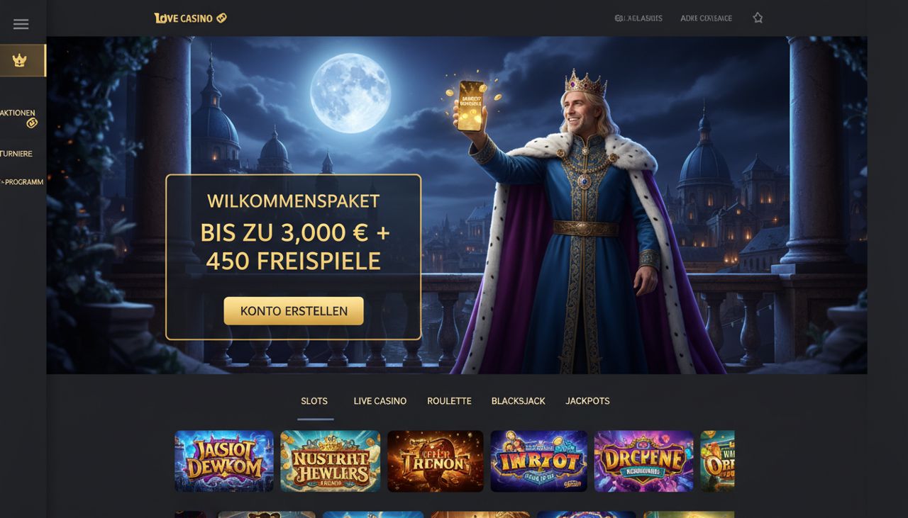 Startseite von King Billy mit König-Figur, Willkommenspaket und Spieleübersicht