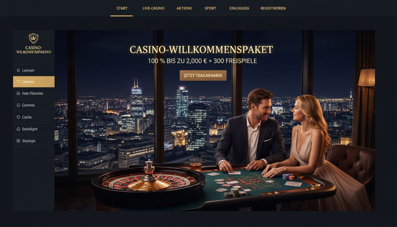 Startseite von TowerCasino mit Casino-Willkommenspaket, Roulettetisch und Navigationsmenü
